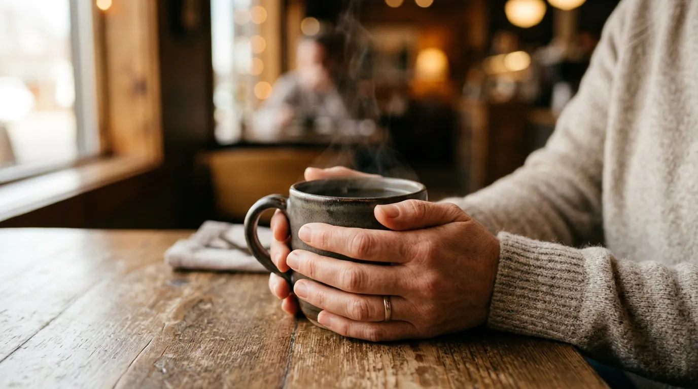 Person holding a Starbucks cup in a sunlit cafe