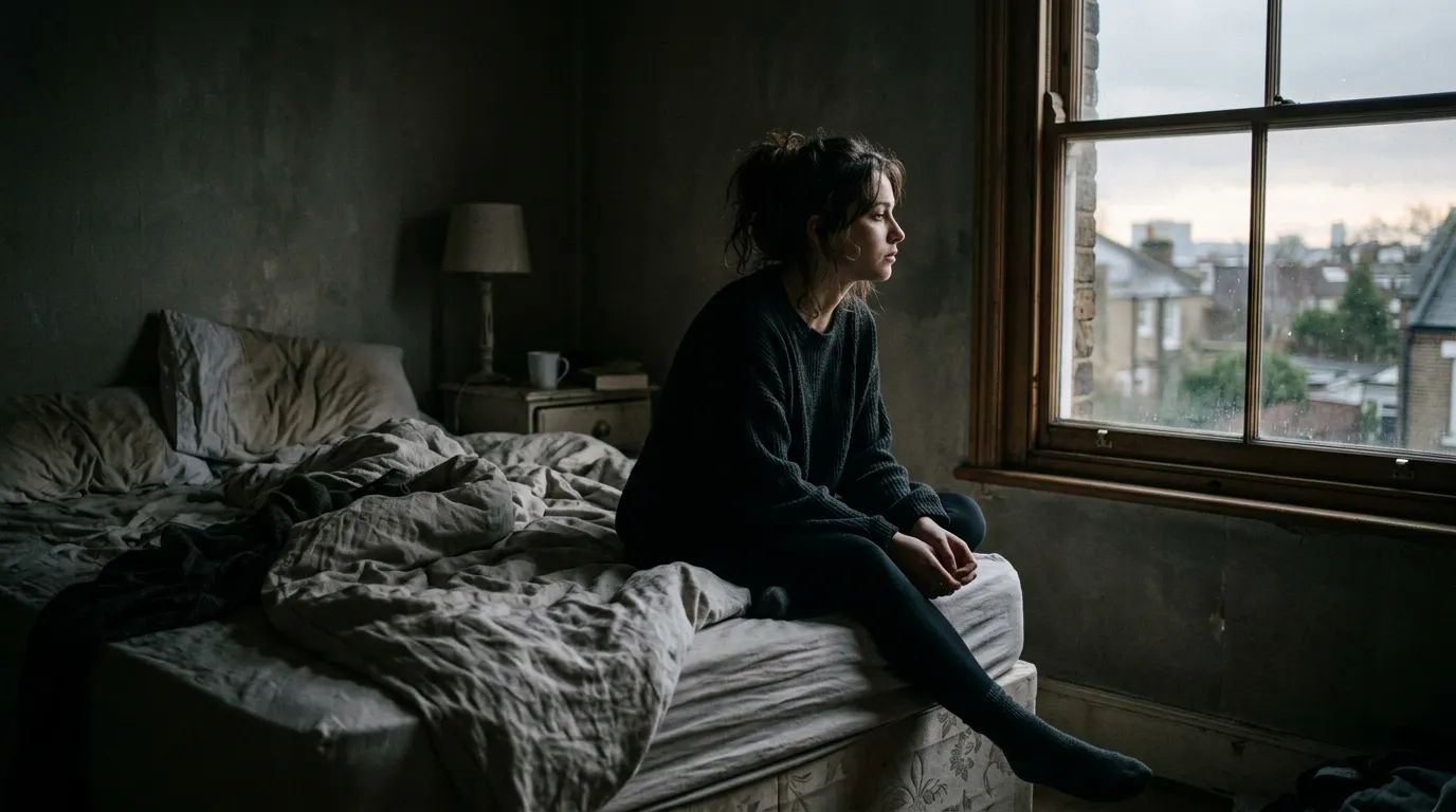 A young woman sitting alone on a bed in the morning, looking thoughtful and regretful.