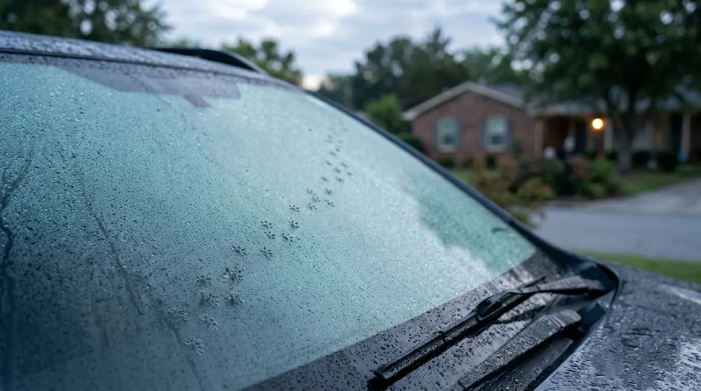 Faint tiny footprints on a dewy car windshield reflecting the morning sun