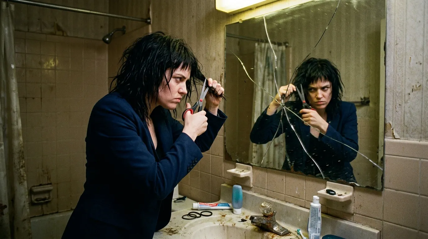 A woman in a dimly lit motel bathroom fixing her jagged hair with scissors.