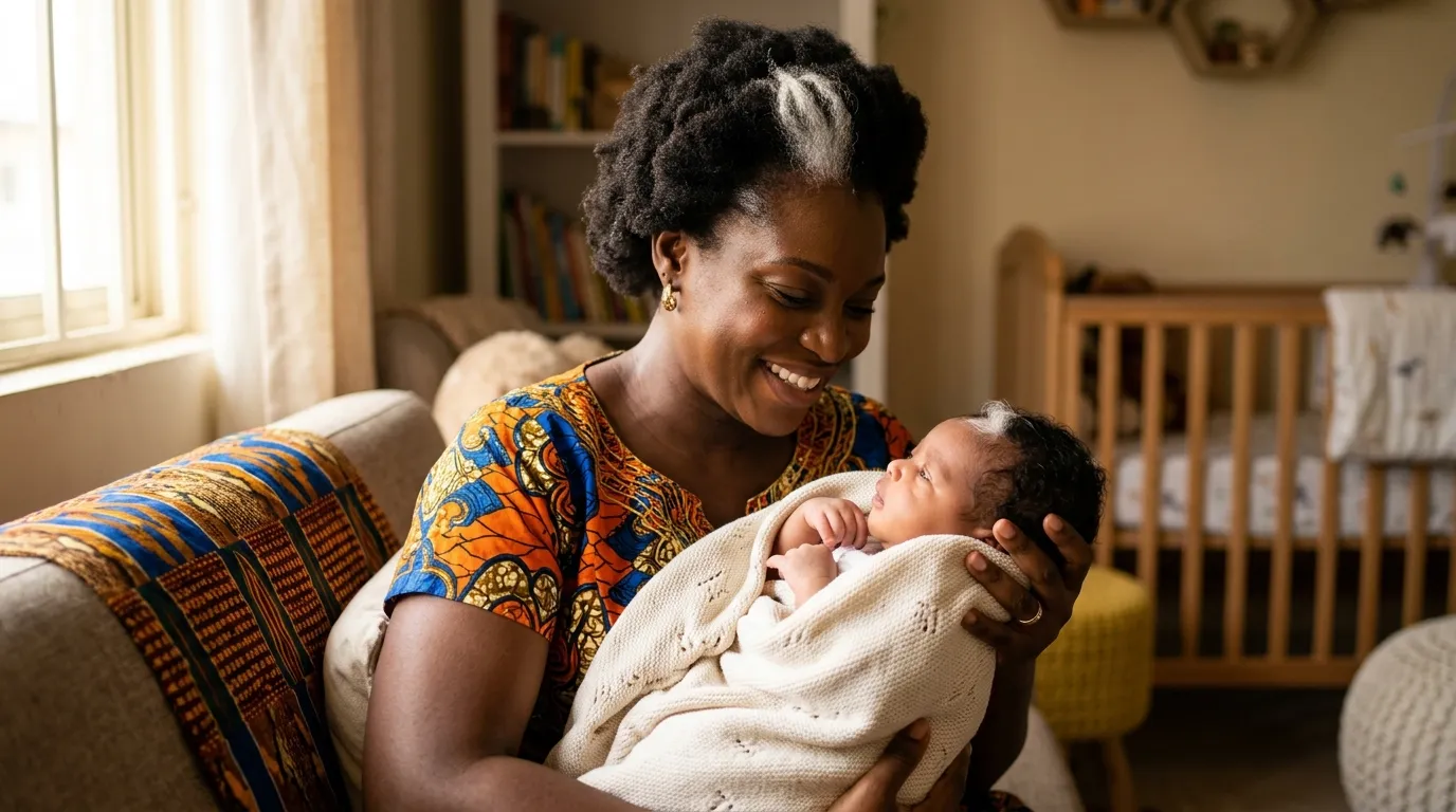 Nigerian mother and newborn baby both sharing a white streak of hair at the front of their heads