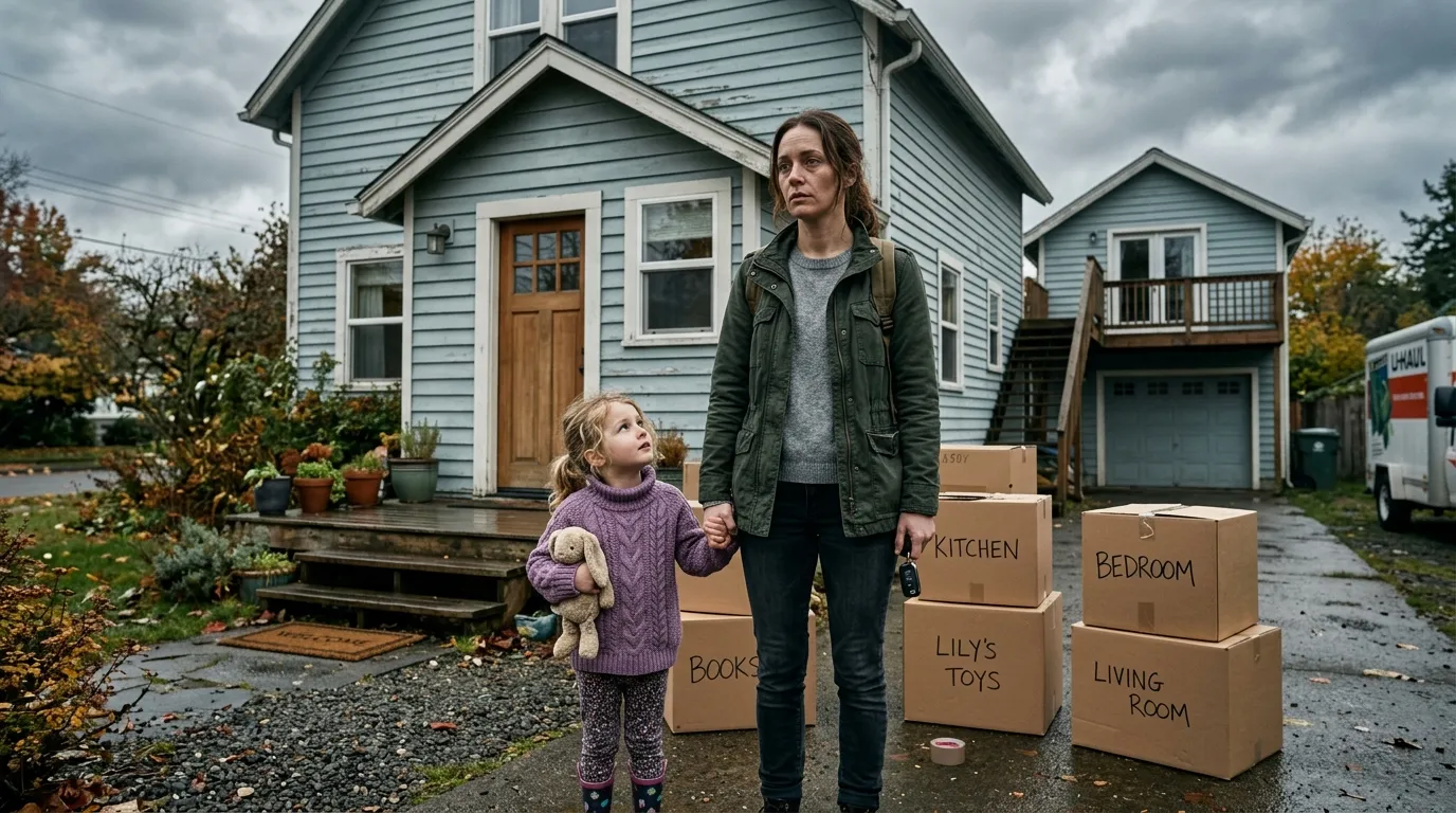A mother and her young daughter standing outside an old blue house with cardboard boxes