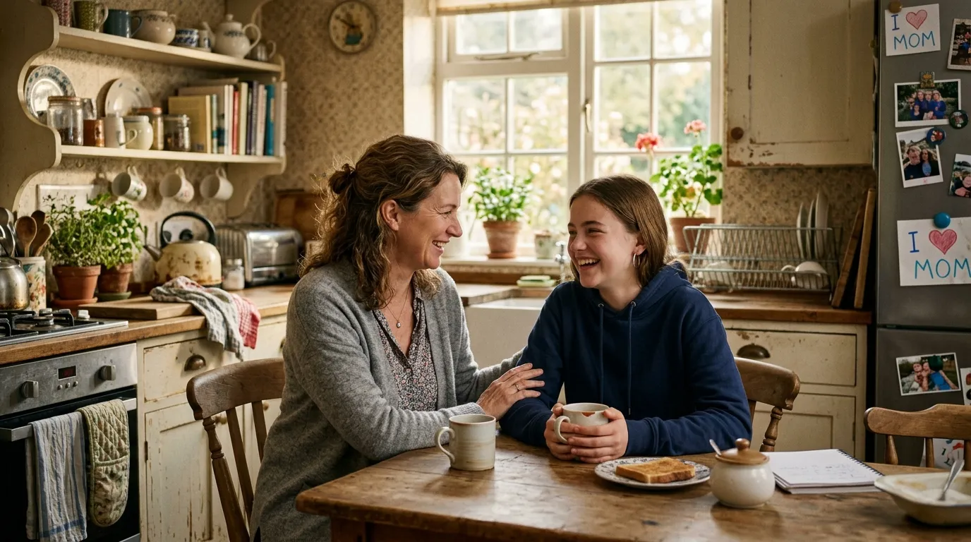 Mother and teenage daughter sharing a warm moment in a cozy kitchen