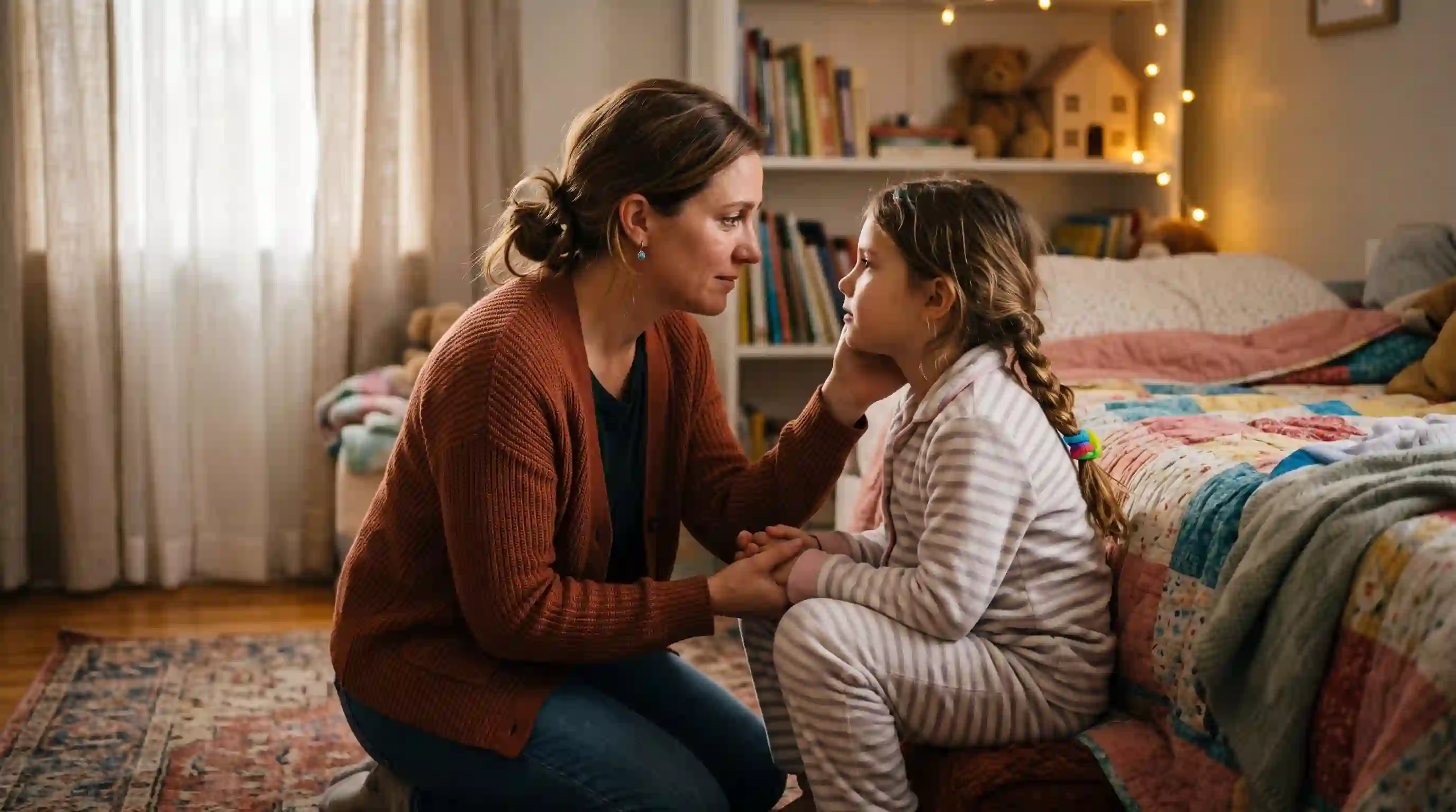 Mother kneeling down having a gentle, serious conversation with her 8-year-old daughter