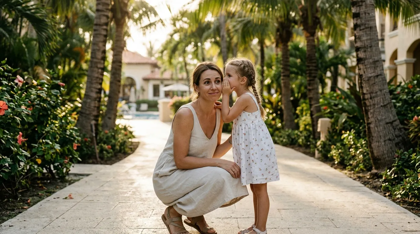 Little girl whispering a secret to her mother on a resort pathway