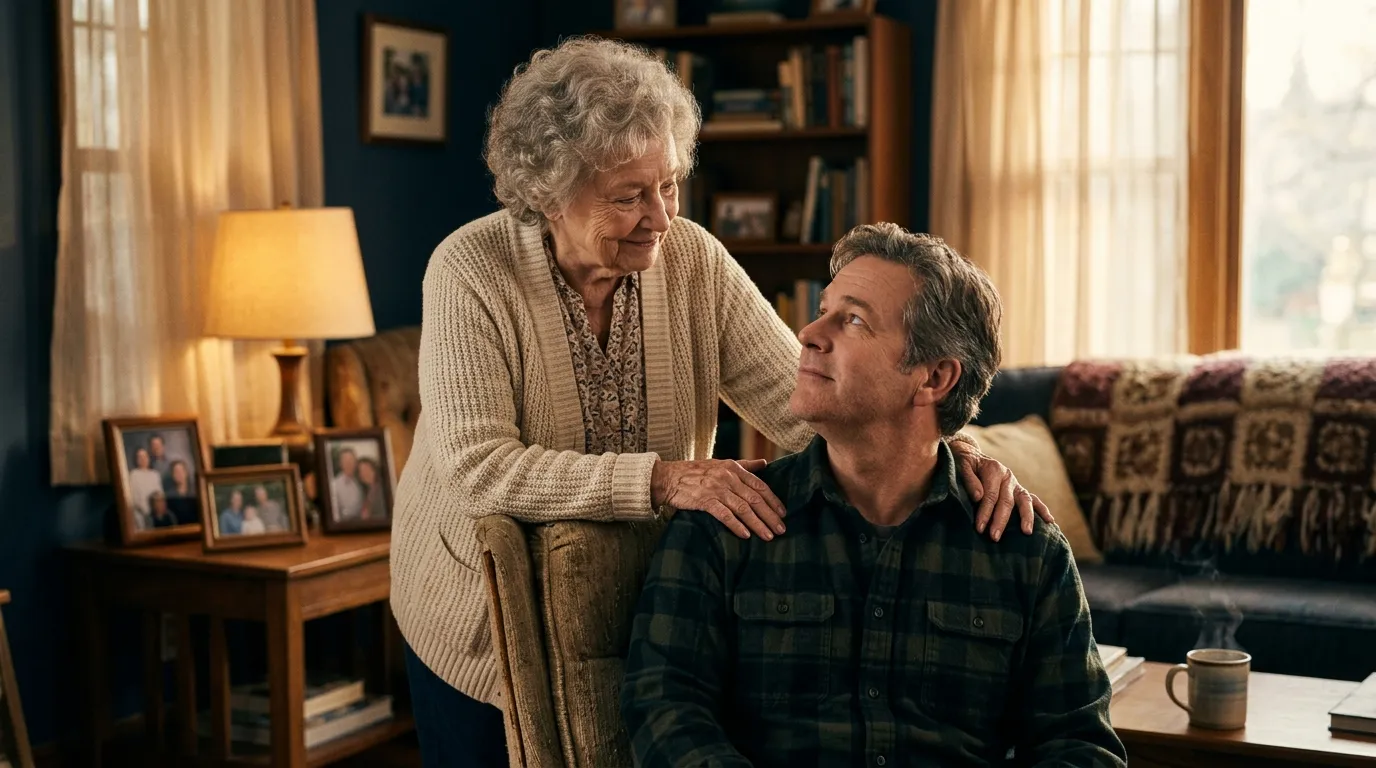 An older woman gently holding a man's shoulders in a heartwarming reunion
