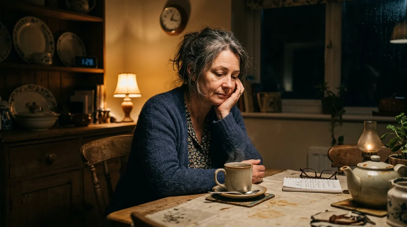 An exhausted mother sitting alone in a dimly lit kitchen late at night.