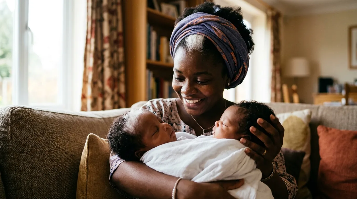 Joyful mother lovingly gazing at her newborn baby, highlighting their matching genetic trait