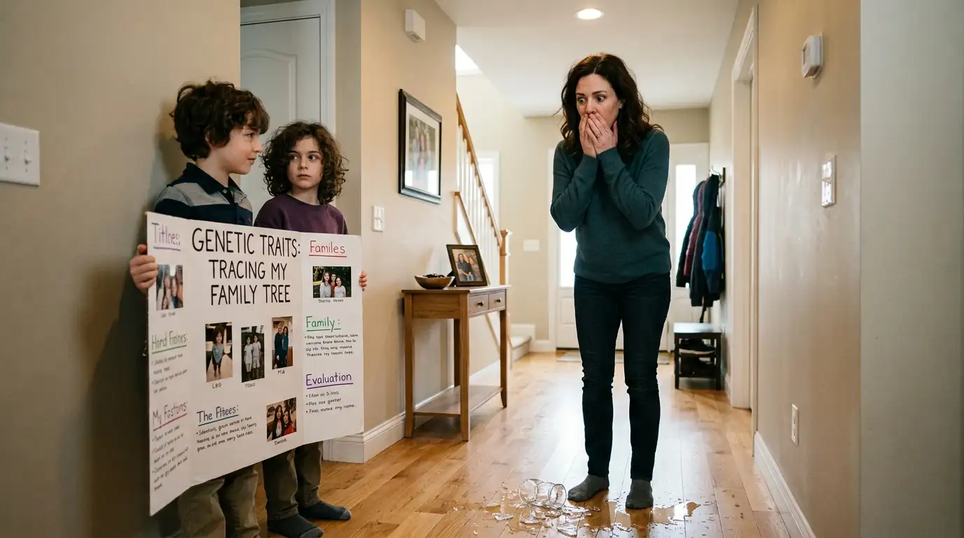 Mother dropping a glass in shock upon seeing a boy who looks exactly like her daughter