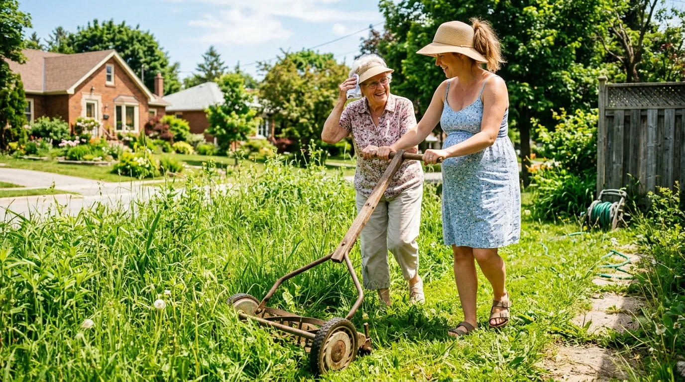 A pregnant woman helping an elderly lady push a lawnmower in the hot summer sun.
