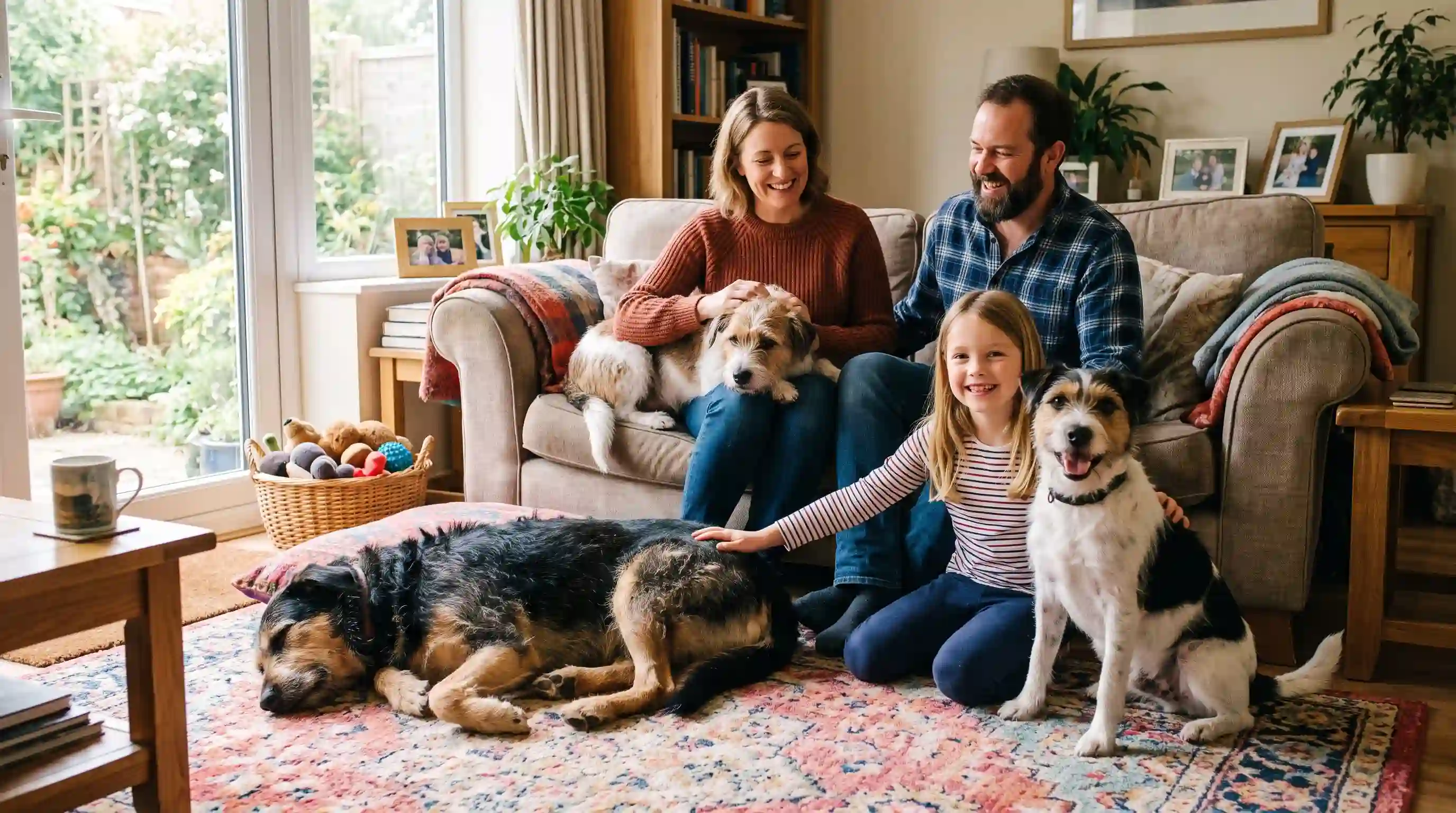 A loving family sitting in a cozy living room surrounded by three happy rescue dogs