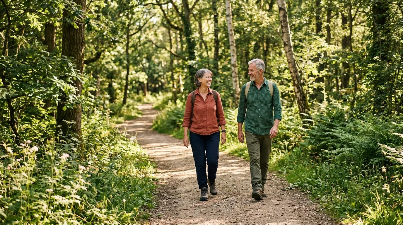Mature couple walking side by side on a sunny nature trail