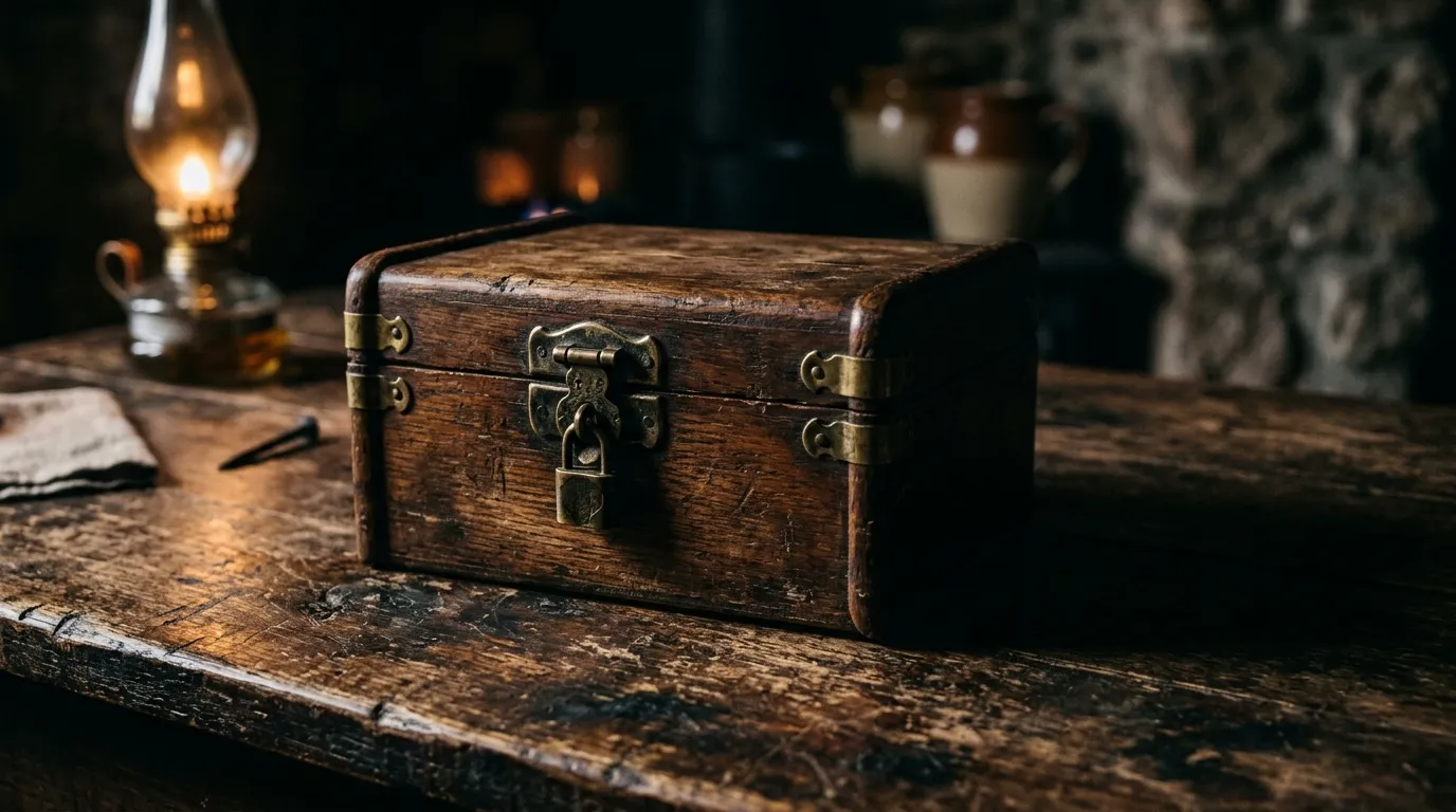 A small wooden box sitting on a kitchen table.