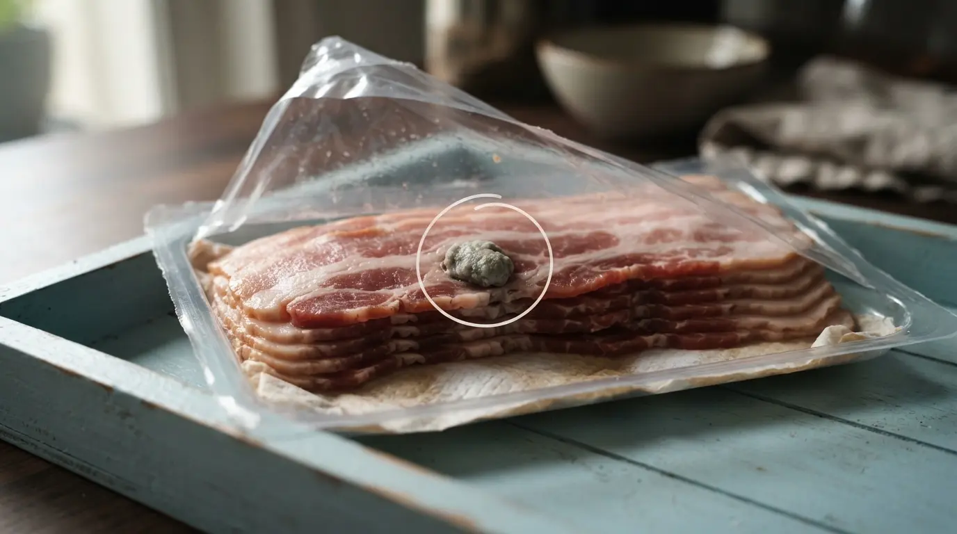 Strange dense lump found inside a package of raw sliced bacon on a kitchen counter