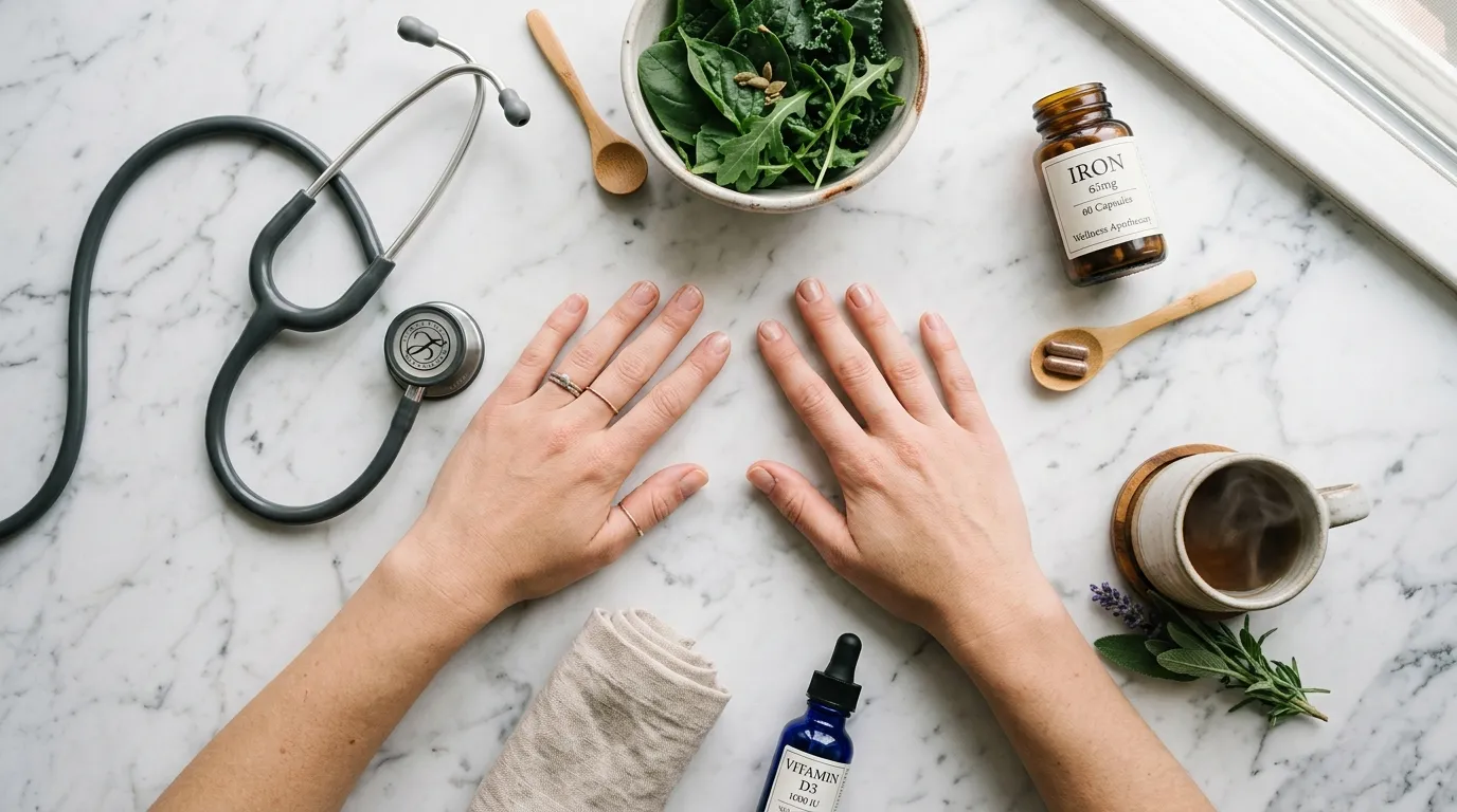 Clean hands resting on a white counter next to a stethoscope, leafy greens, and iron supplements.