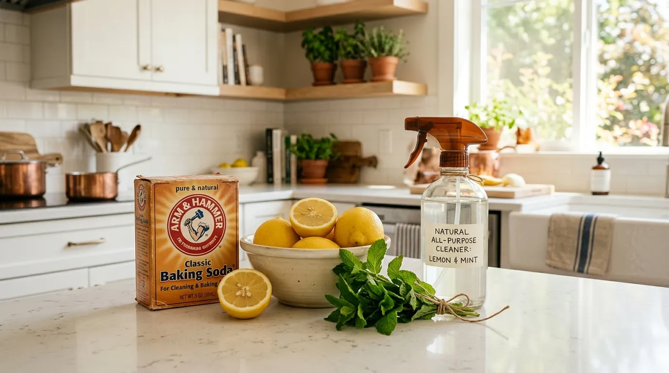 Box of baking soda on a kitchen counter with lemons and mint