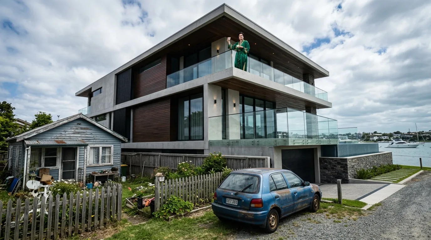 A wealthy woman in a silk robe standing on a high balcony overlooking the neighborhood