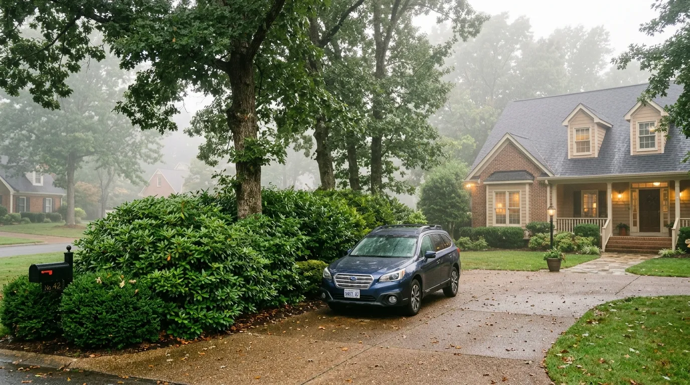 A car parked next to lush green trees in a suburban driveway