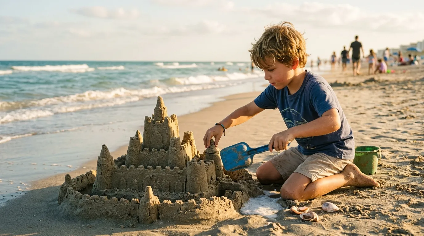 A young boy building an intricate sandcastle on the beach using a blue shovel.