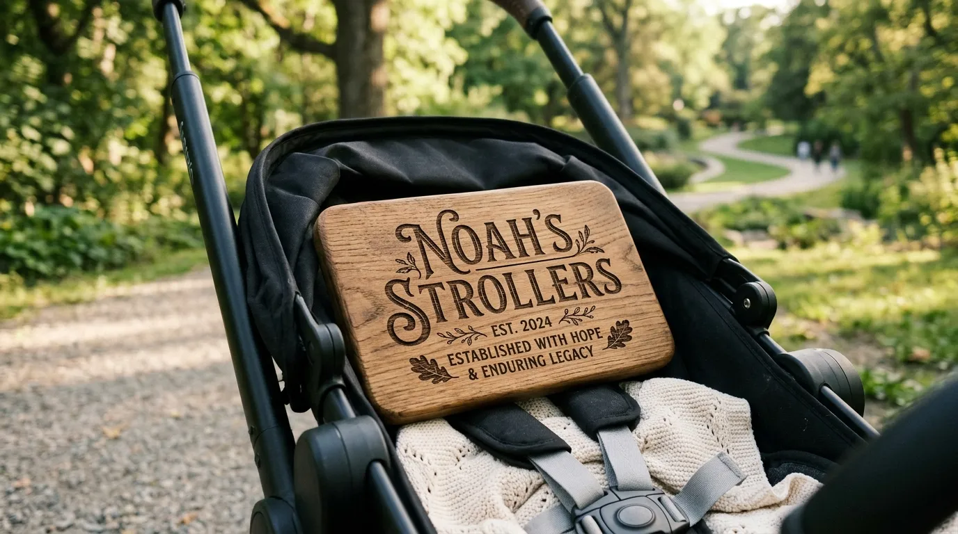 A beautifully engraved wooden plaque reading NOAH'S STROLLERS inside a black baby stroller