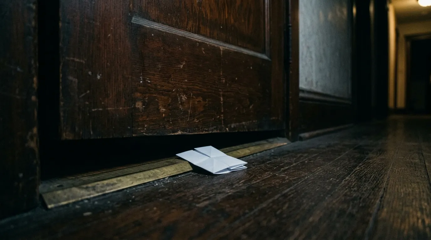 A folded note being pushed under a dark bedroom door
