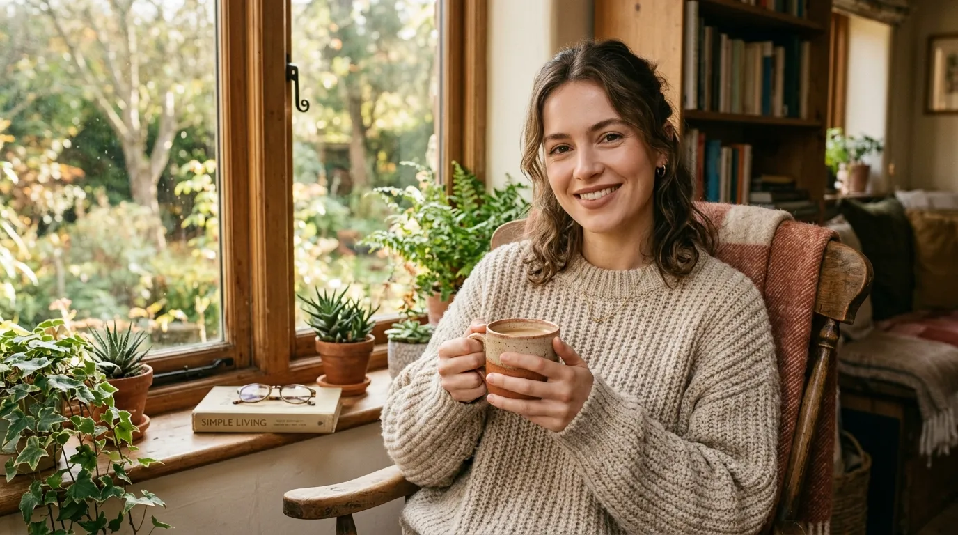 Serene woman in a cozy sweater wearing nude brown lipstick