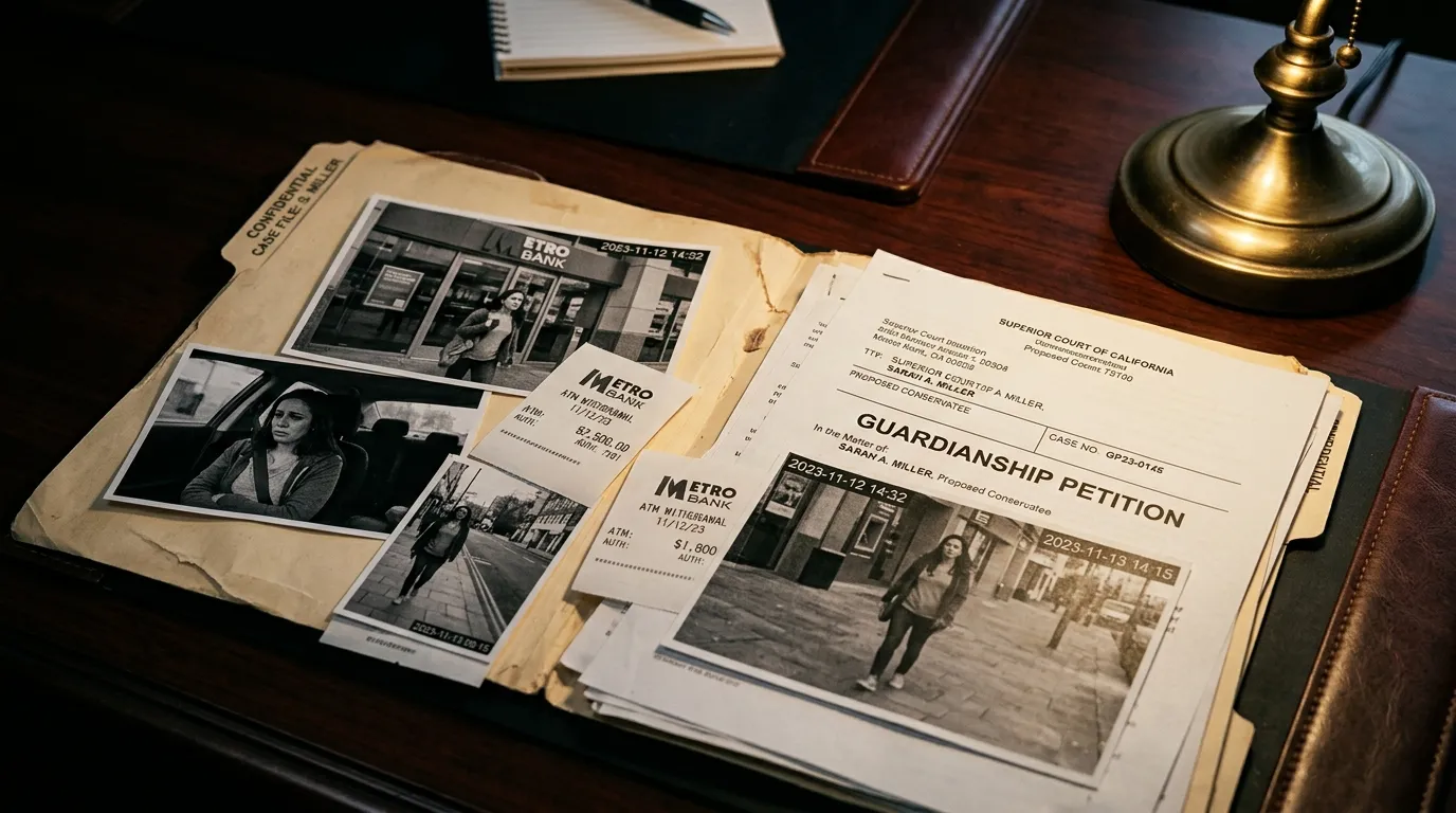 A dark mahogany desk illuminated by a lamp, showing an open folder with photos and legal documents.
