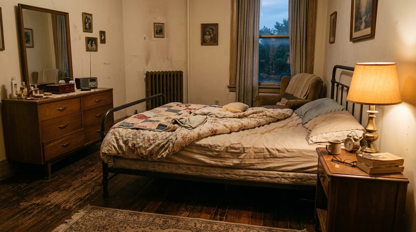 A cozy, slightly dusty vintage bedroom with an old mattress