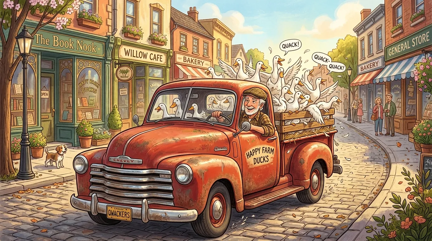 Elderly man driving a vintage pickup truck overflowing with quacking ducks