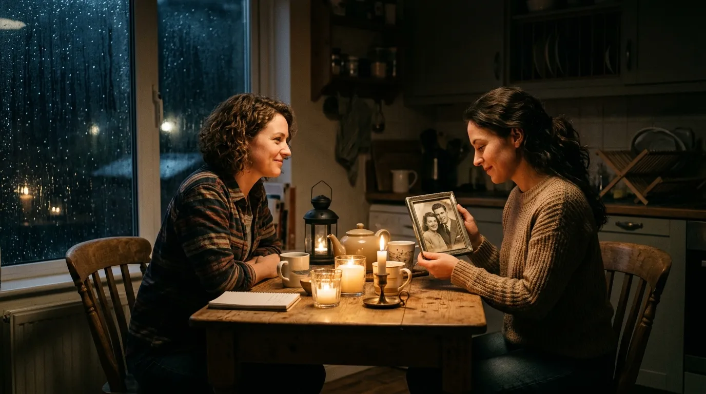 Two women sitting in a dark kitchen illuminated by candlelight, looking at an old photo.