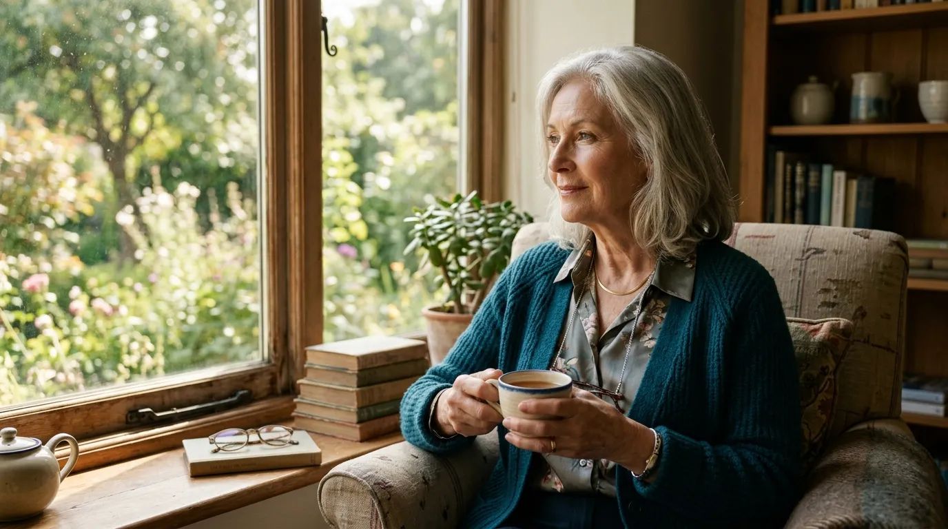 Elegant older woman sitting by a window looking thoughtful and warm