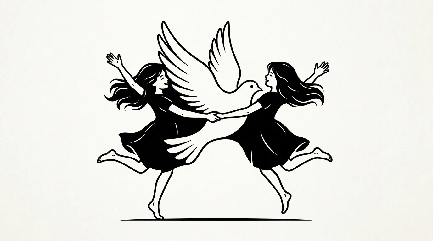 Black and white optical illusion showing either two dancing girls or a hidden white dove in the negative space
