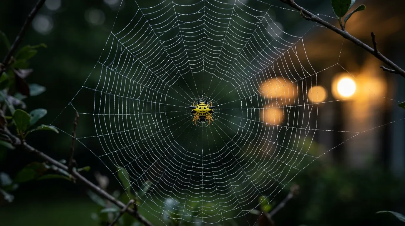 A spiny orb weaver spider sitting in the center of a beautiful circular web