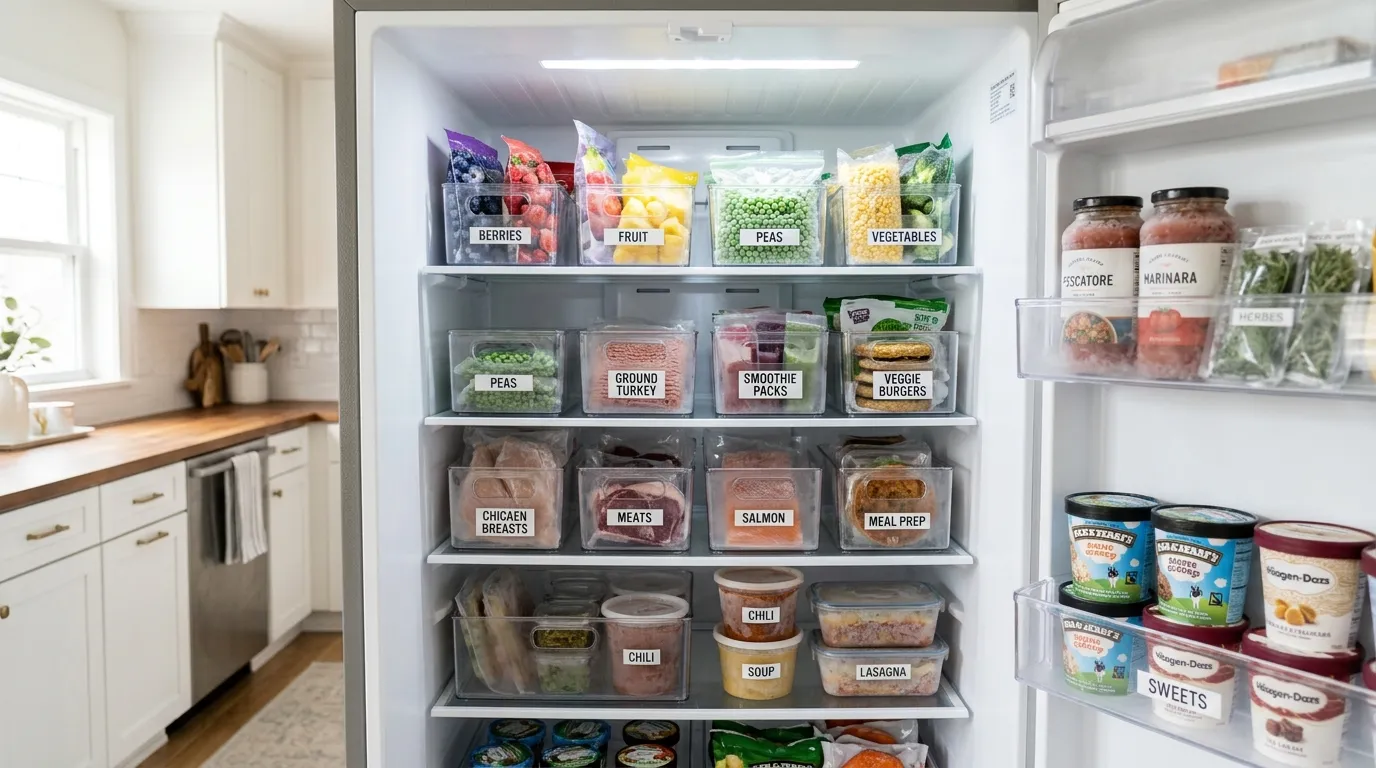 A perfectly organized, completely frost-free freezer with neat clear bins