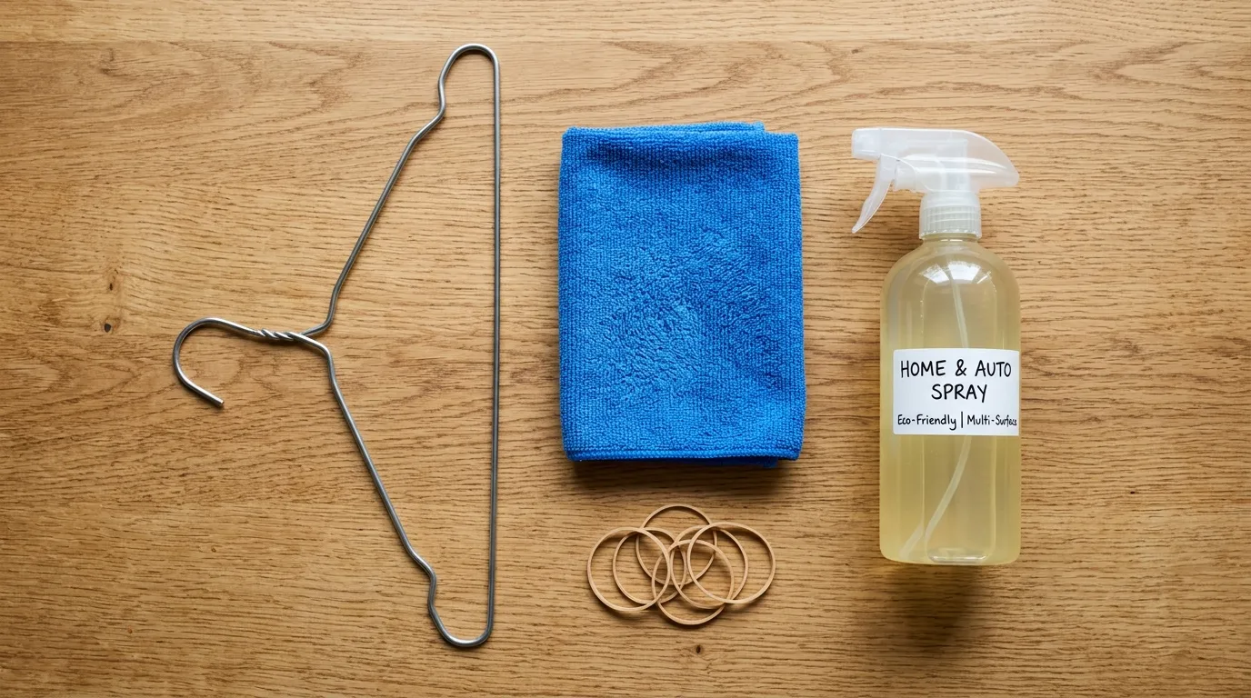 Flat lay of a wire hanger, microfiber cloth, rubber bands, and spray bottle on a kitchen counter