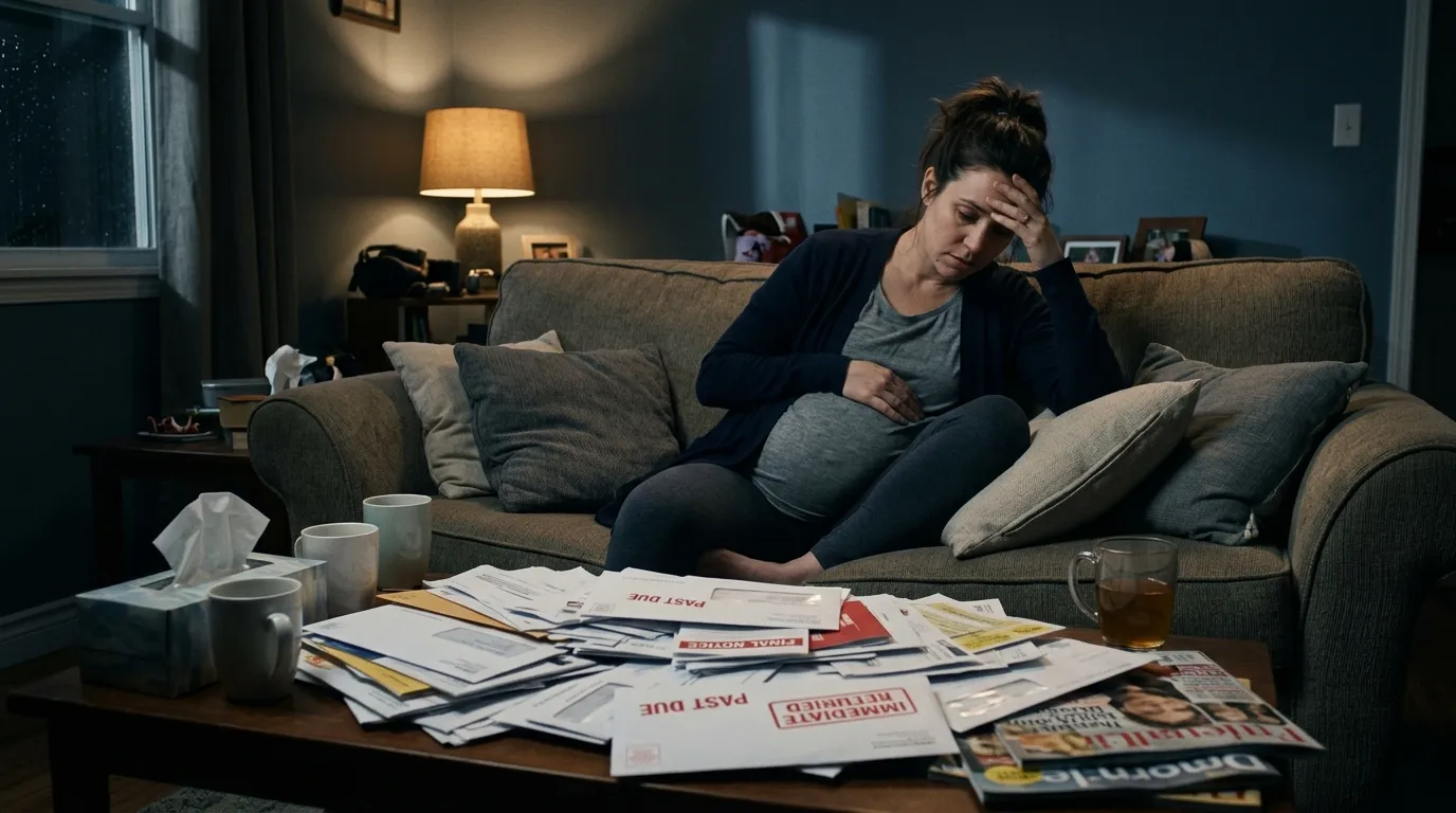 A pregnant woman looking stressed while staring at a massive pile of overdue bills on her table.