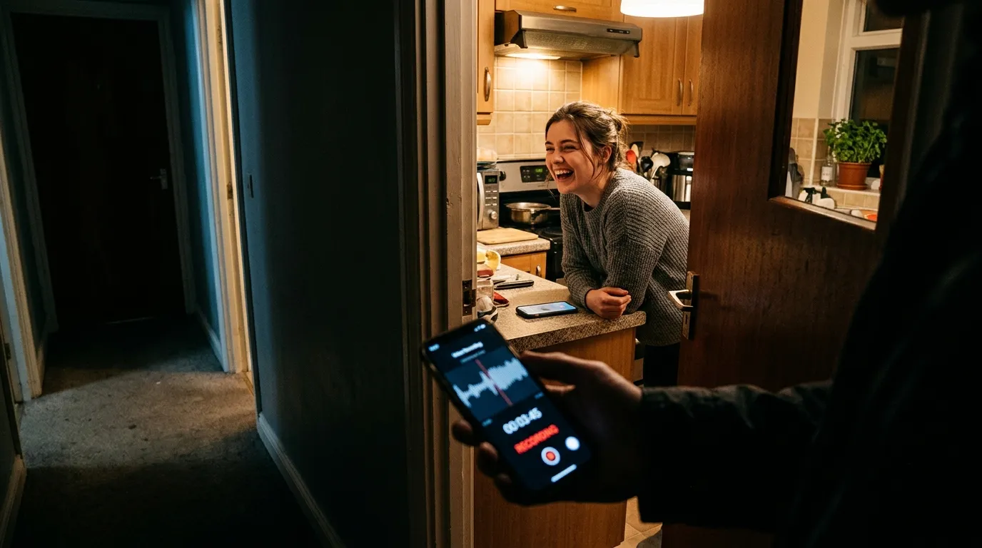 A tense view from a dark hallway looking through a cracked door into a bright kitchen where a woman is on her phone.