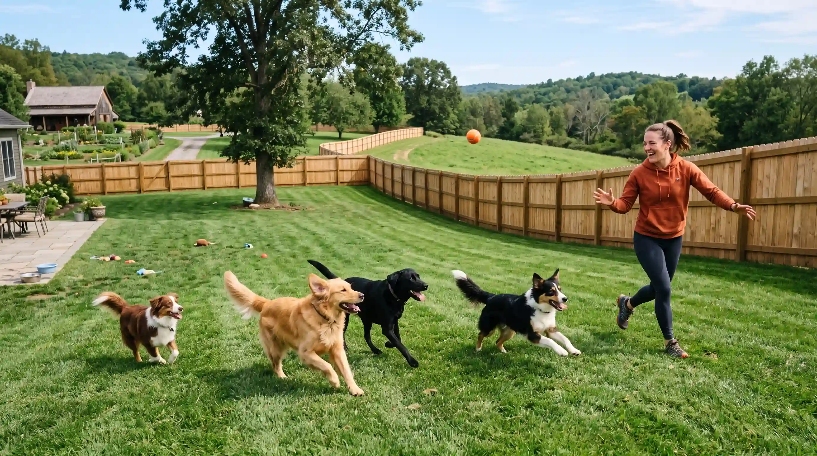 An active owner playing fetch with four happy dogs in a massive, securely fenced green backyard