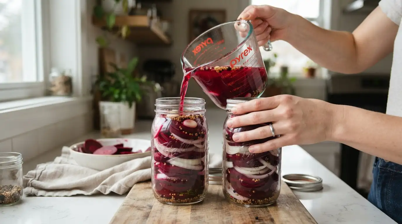 Pouring hot pickling brine over sliced red beets in glass mason jars
