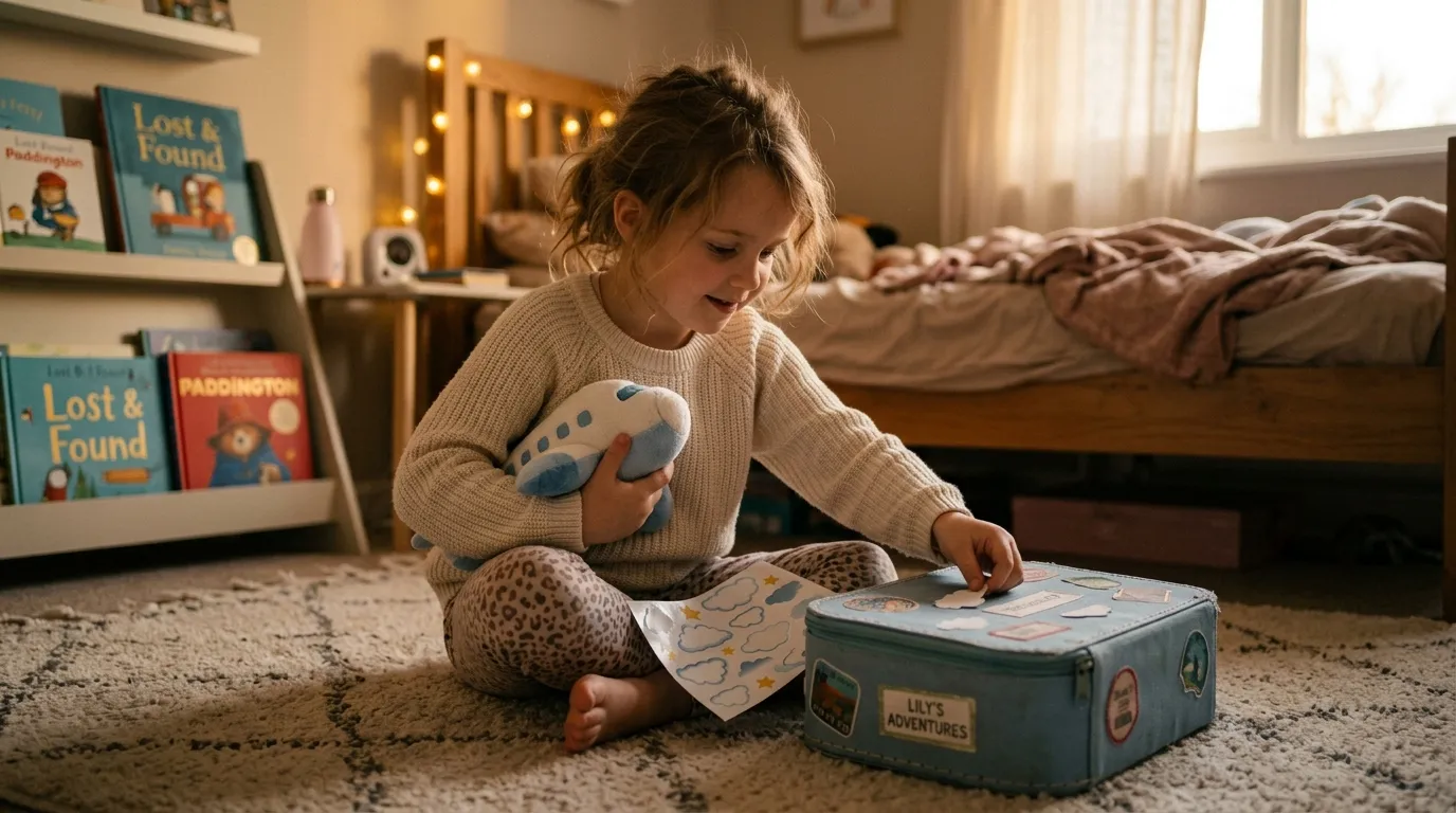 A little girl sitting on her bedroom floor decorating her suitcase with cloud stickers while holding a toy airplane.