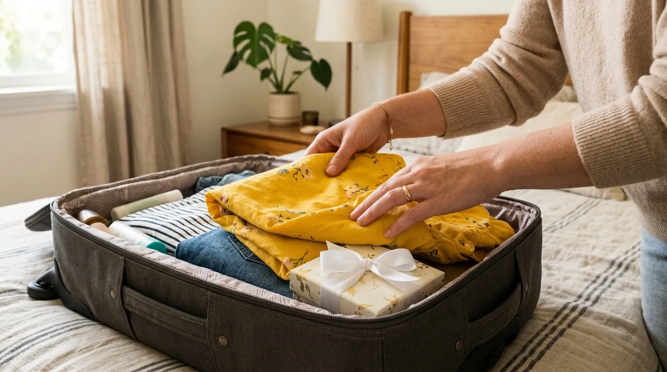 Woman packing a yellow dress and a small hidden gift box into a suitcase