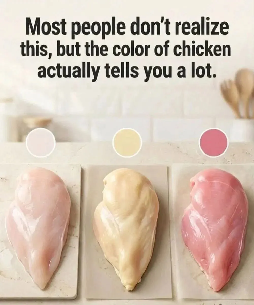 Two raw chicken breasts side by side, one pale pink and one golden yellow, on a rustic cutting board