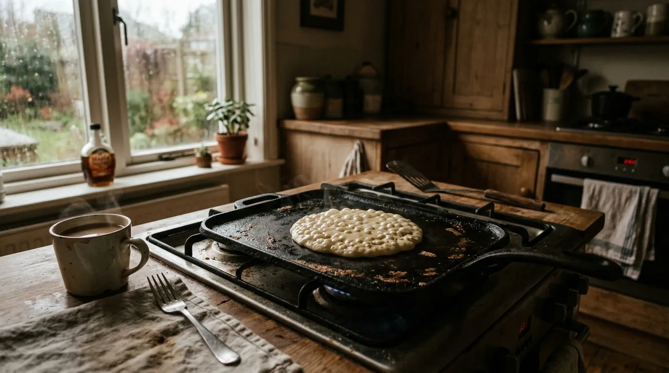 Pancakes cooking on a griddle in a nostalgic, dimly lit kitchen