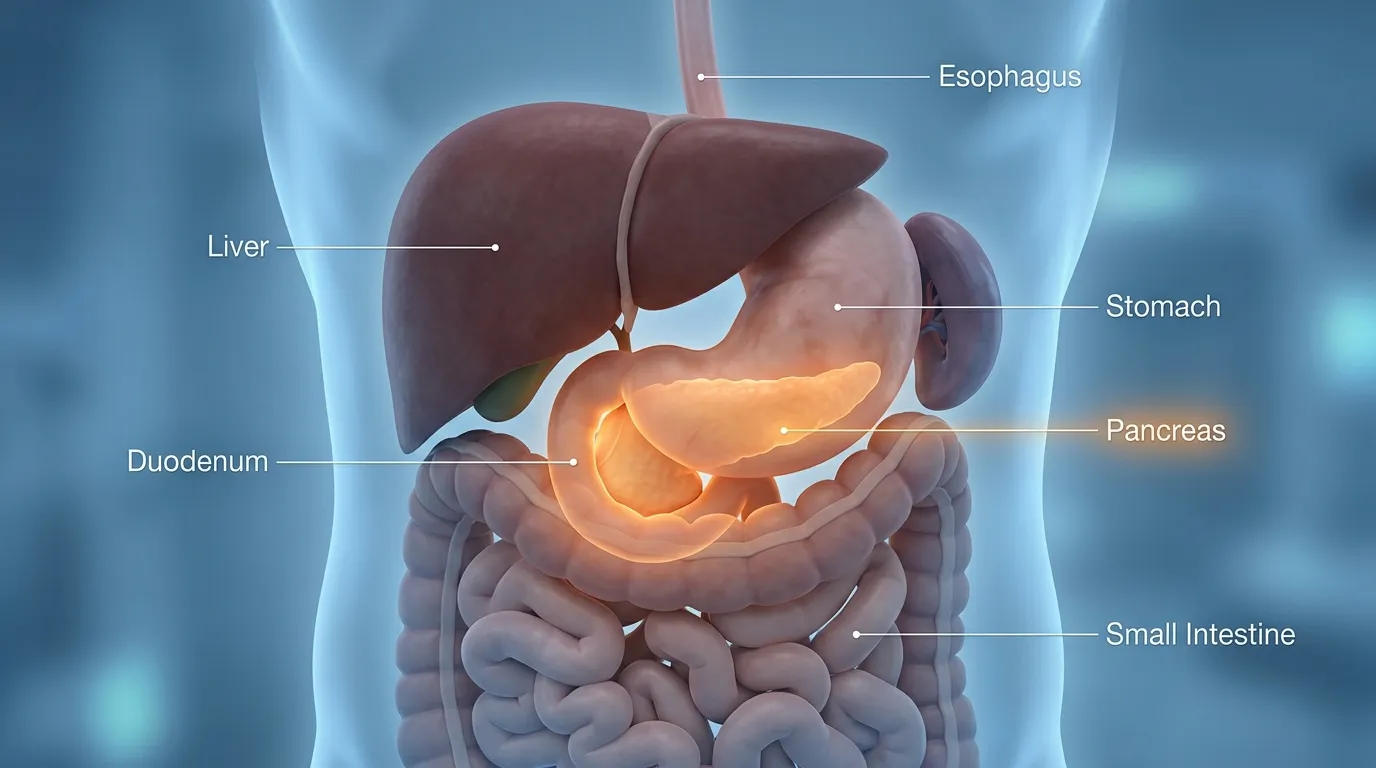3D illustration of the human digestive system highlighting the pancreas