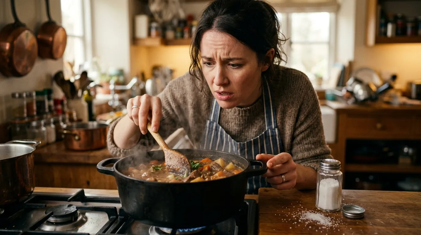 A home cook looking concerned over a pot of steaming stew after adding too much salt