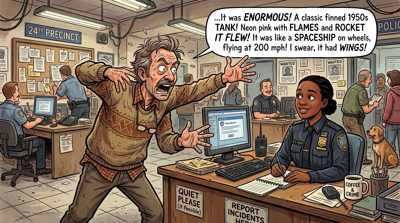 Frantic man at a police station talking to an officer