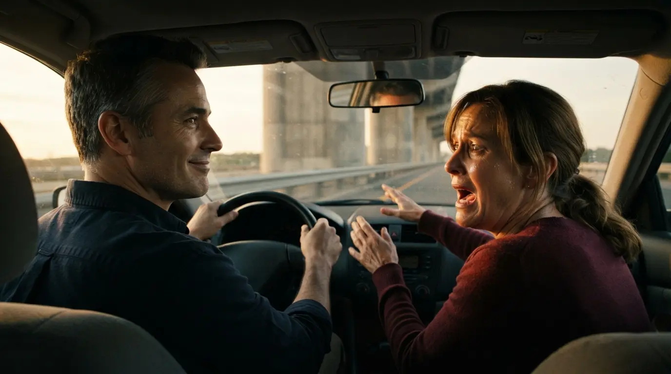 Expressive cartoon of a calm smiling husband driving while his wife looks panicked at an approaching bridge
