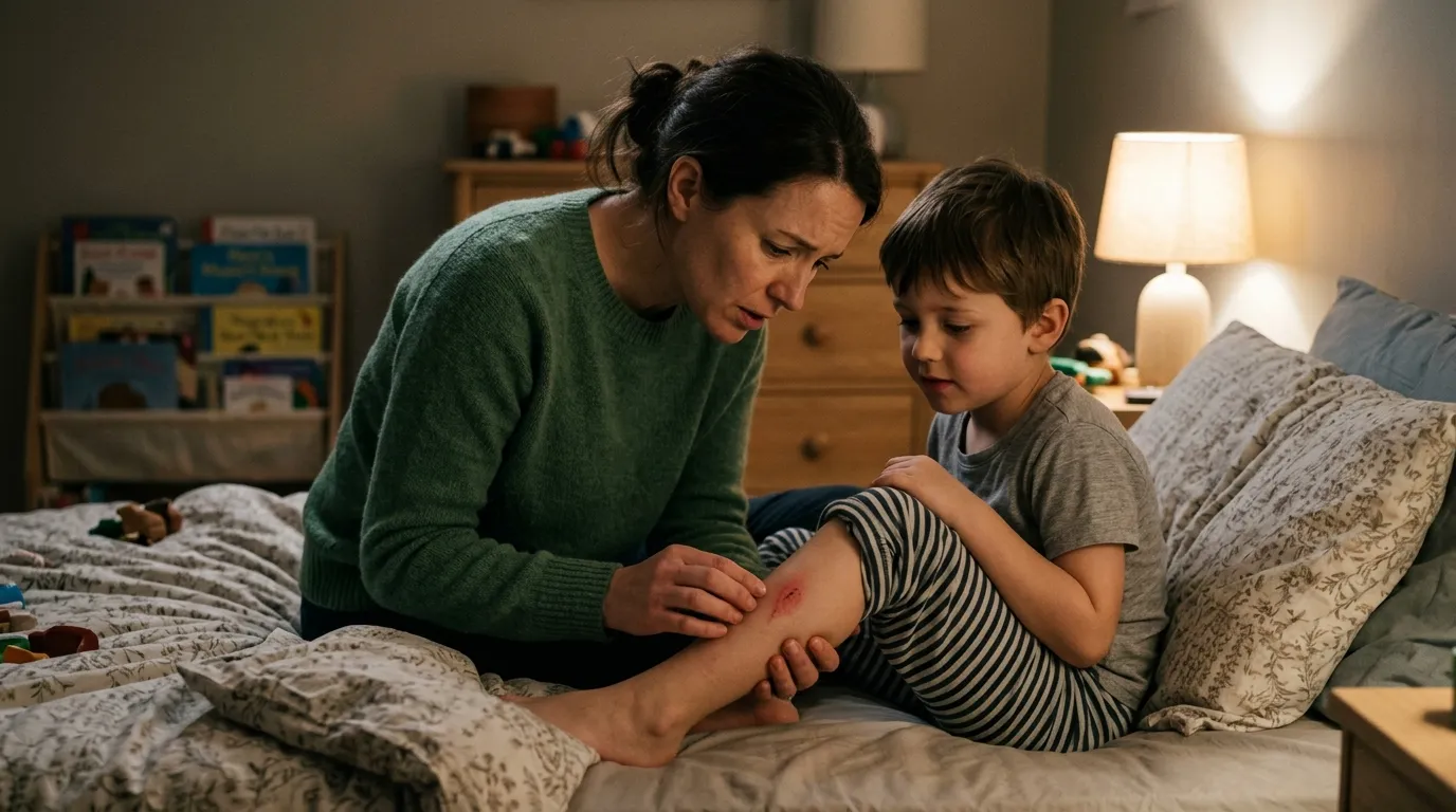 A worried parent examining a red, swollen scratch on a young boy's leg in a bedroom.