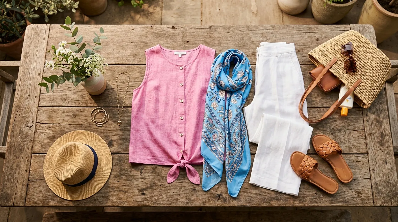 A flatlay of a vibrant raspberry pink blouse and a bright sky-blue scarf on a wooden table.