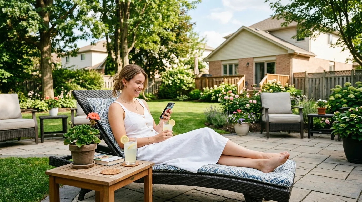 A woman sitting peacefully in a quiet, sunny backyard, looking at her phone with a contented smile.